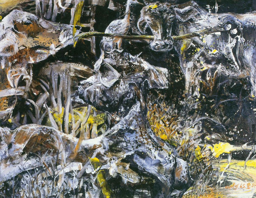 第八屆南投縣玉山美術獎油畫類入選翁鴻盛作品「三牛戲白鶴」