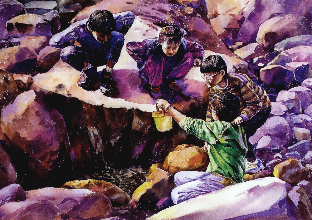 第八屆南投縣玉山美術獎水彩類入選-王玉芬作品(童戲)