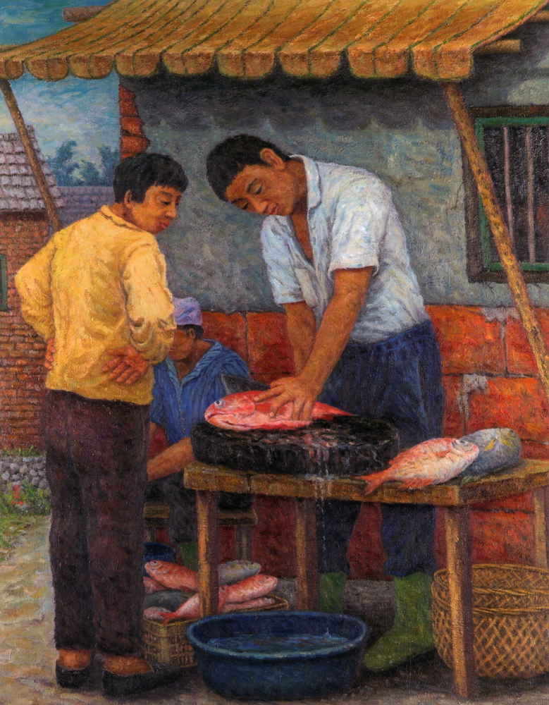 第九屆南投縣玉山美術獎油畫類入選- 陳芬芬作品(魚販) 