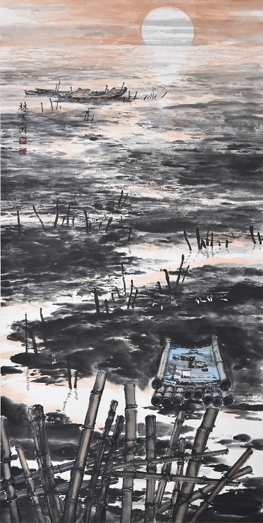 28林玉蘭《入選》‧  海邊夕照　70×140cm-1