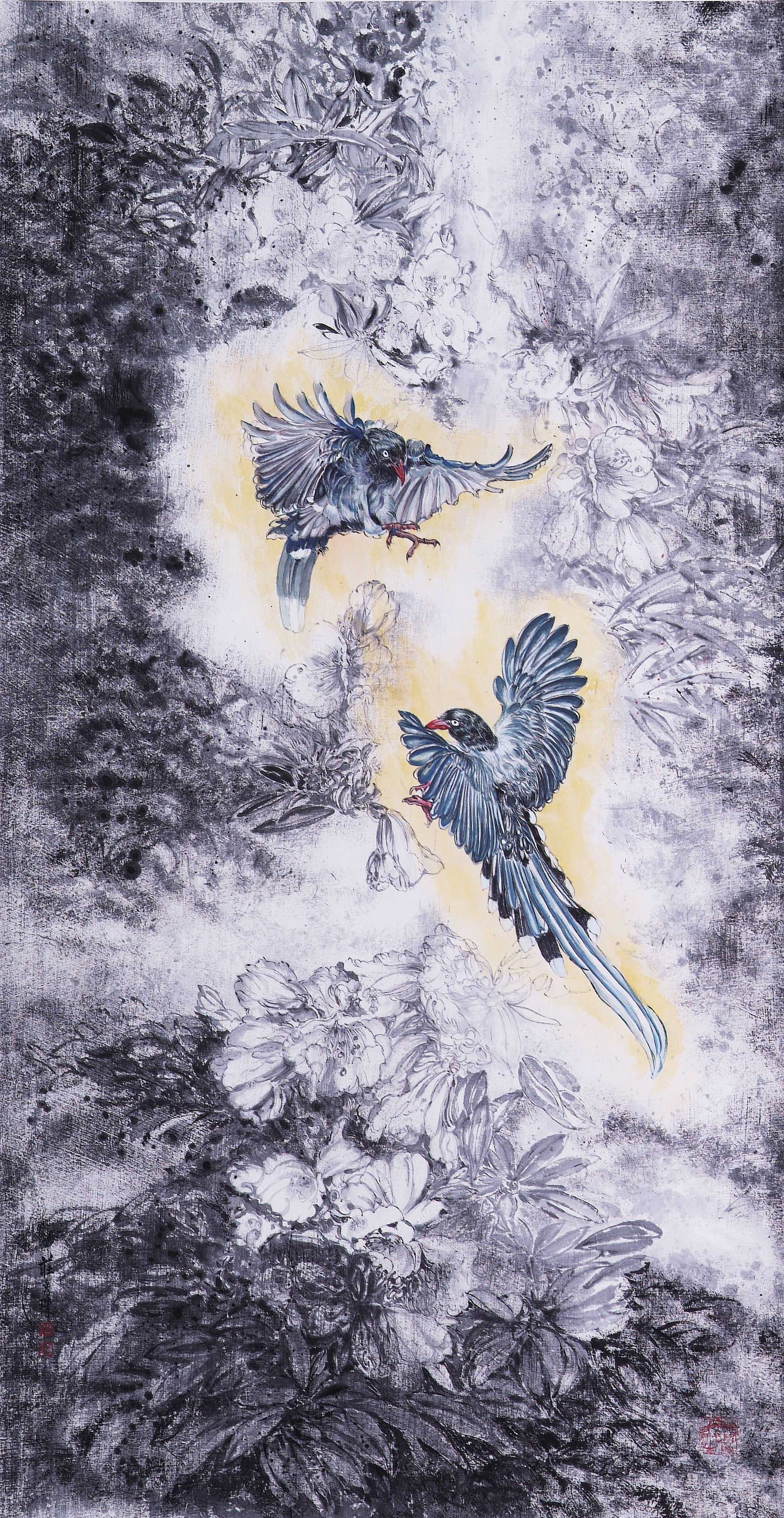 2019年南投縣玉山美術獎水墨膠彩類入選莊秀珠作品「藍鵲戲林間」