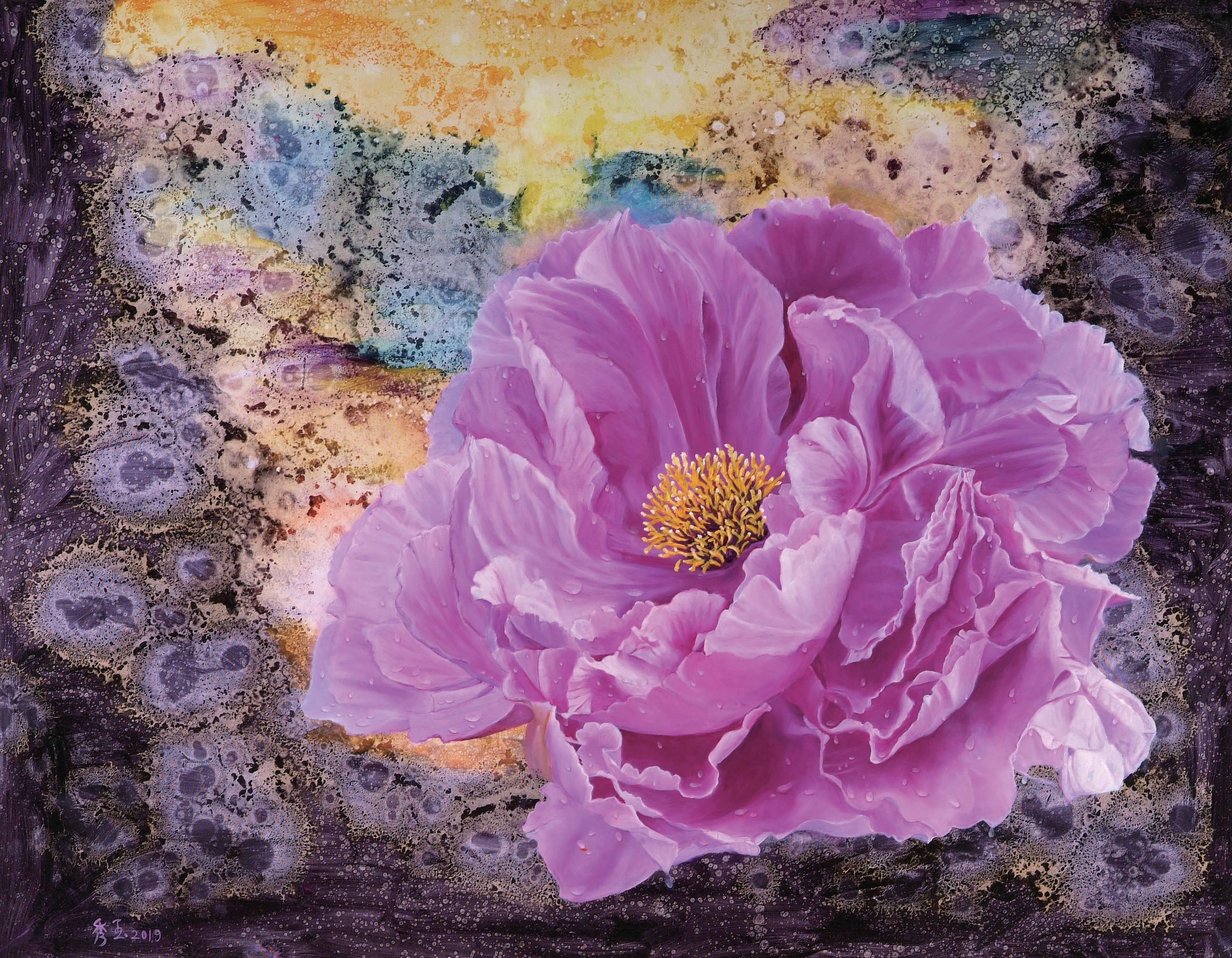 2019年南投縣玉山美術獎油畫類佳作陳秀玉作品「傾聽花開聲音」