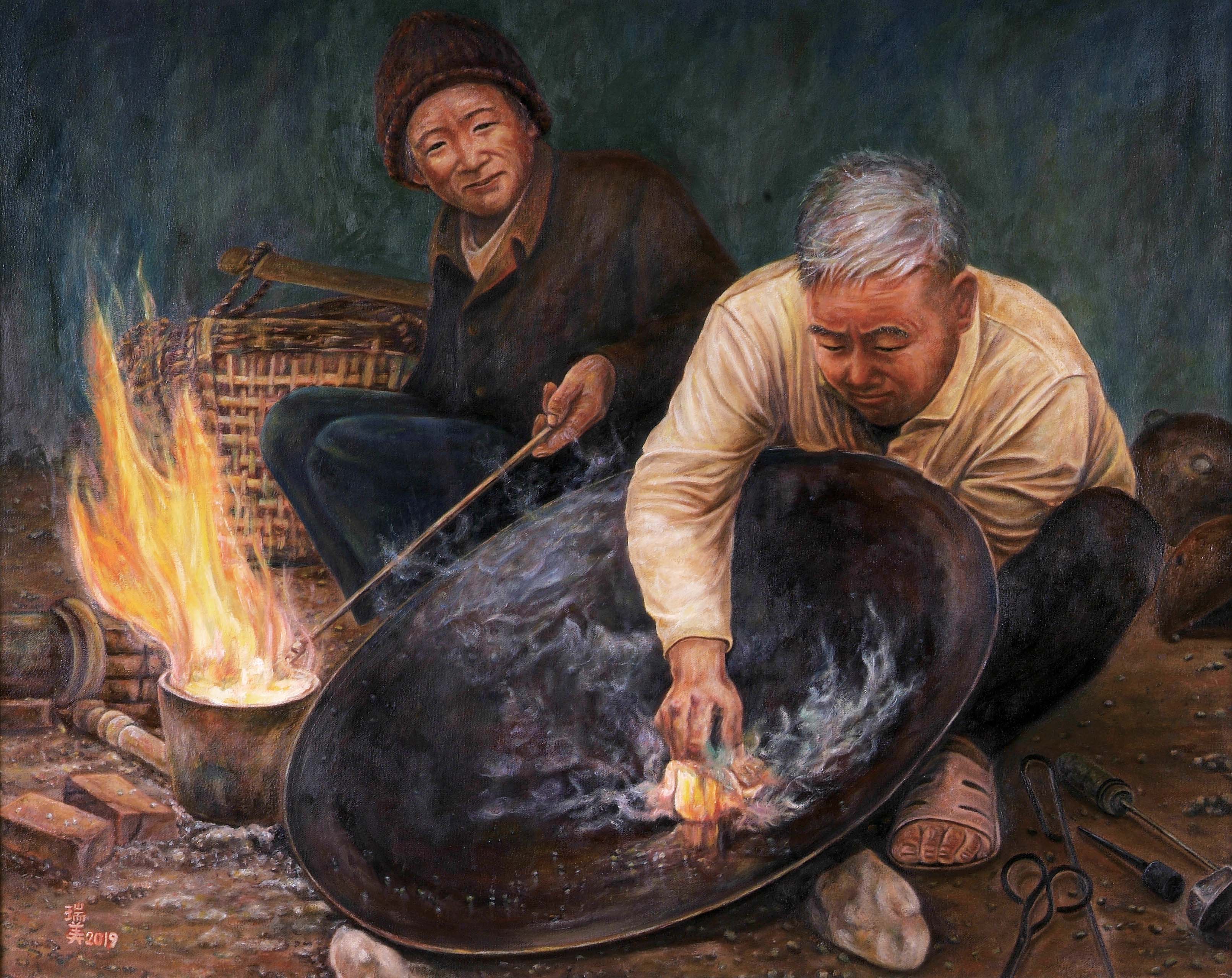 2019年南投縣玉山美術獎油畫類入選戴瑞美作品「古老行業～補鼎師」